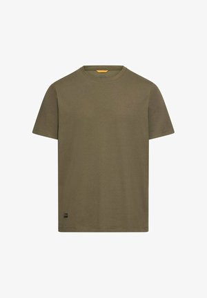 Oliwkowa bawełniana koszulka z okrągłym dekoltem, krótkimi rękawami oraz małym logo na piersi. Charakteryzuje się prostym dołem i miękką w dotyku tkaniną.