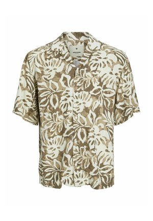 Koszula z krótkim rękawem zapinana na guziki, uszyta z lekkiego materiału. Jasnokremowe tło z dużym brązowym wzorem kwiatowym. Posiada klasyczny kołnierzyk oraz kieszeń.