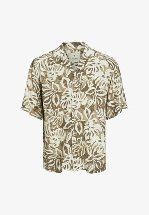 Koszula z krótkim rękawem zapinana na guziki, uszyta z lekkiego materiału. Jasnokremowe tło z dużym brązowym wzorem kwiatowym. Posiada klasyczny kołnierzyk oraz kieszeń.