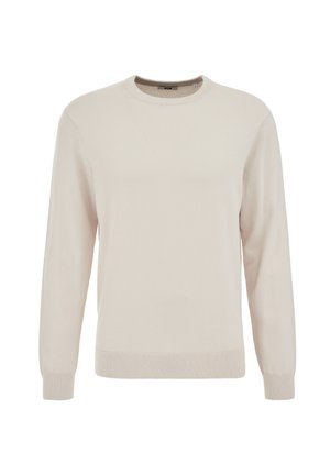 Lichtbeige, trui met lange mouwen en een ronde halslijn. Gemaakt van een glad, gebreid materiaal, met geribbelde manchetten en zoom. Zonder patronen of accenten.