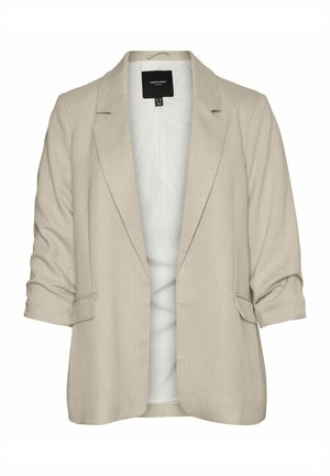 Smėlio spalvos tekstūruotas švarkas su sulankstytomis rankovėmis, išpjautomis atlapomis, kišenėmis su volelėmis ir baltu vidiniu pamušalu.