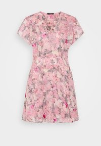 Blommönstrad kort klänning i nyanser av rosa och vitt. V-ringning, korta ärmar, figursydd midja och utsvängd kjol. Lättviktsmaterial.
