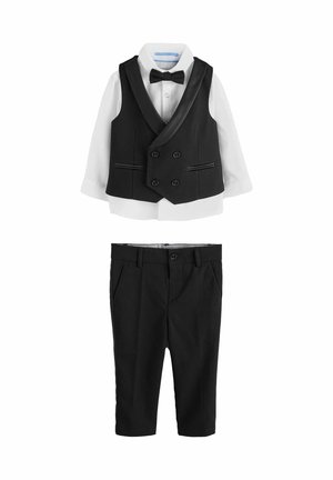 Toddler black suit set with white long-sleeve shirt, black double-breasted vest with satin lapels, bow tie, and matching black pants.
