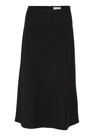 Jupe noire, longueur genou, en tissu lisse avec une fermeture éclair dissimulée à l'arrière et une légère forme évasée. Pas de motifs visibles.