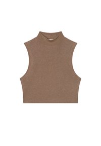 Top corto senza maniche marrone con colletto alto, realizzato in un tessuto lucido, caratterizzato da una vestibilità aderente e una texture liscia.