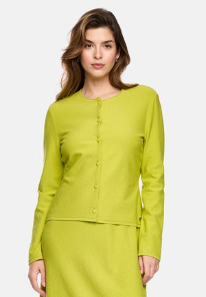 Junge Frau mit langen braunen Haaren trägt eine limettengrüne, geknöpfte Strickjacke und passenden Rock vor weißem Hintergrund.