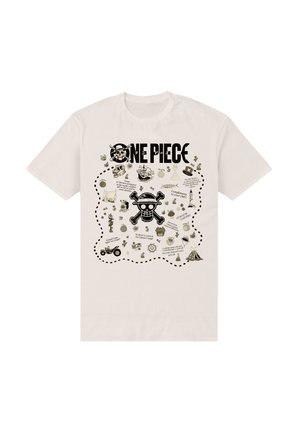 Camiseta blanca de algodón con un estampado gráfico negro. El diseño central incluye una calavera con huesos cruzados, rodeada de varios iconos y texto.