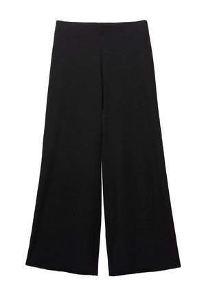 Black wide-leg trousers made from a soft fabric. Features a high waist and smooth texture with no visible patterns or accents.