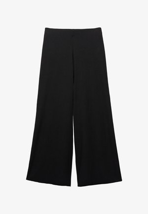 Black wide-leg trousers made from a soft fabric. Features a high waist and smooth texture with no visible patterns or accents.