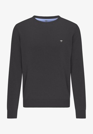 Dunkelgrauer Crewneck-Sweatshirt aus weichem Stoff, mit langen Ärmeln, gerippten Bündchen und einem kleinen Logo auf der Brust.