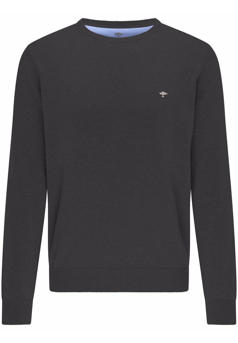 Mørkegrå crewneck sweatshirt lavet af blødt stof, med lange ærmer, ribbede manchetter og et lille logo på brystet.