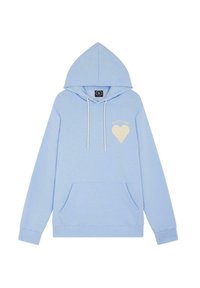 Felpa leggera blu con tasca frontale, cappuccio con cordino e design di un cuore crema sul lato sinistro del petto. Realizzata in tessuto morbido.