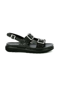 Zwarte leren slingback sandaal met twee verstelbare gespen, platte zool en textuur in het voetbed; minimalistisch ontwerp met contrasterende accenten.