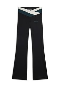 Pantaloni neri a zampa d'elefante con una vita alta caratterizzata da un motivo a zigzag in tonalità turchese e bianco. Realizzati in un tessuto elastico e leggero.