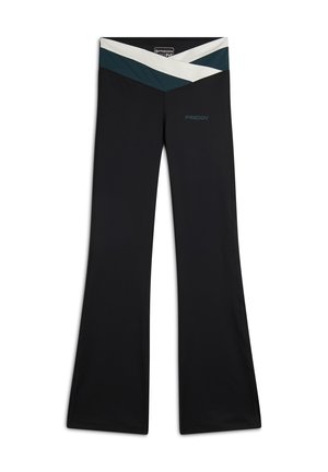 Pantaloni neri a zampa d'elefante con una vita alta caratterizzata da un motivo a zigzag in tonalità turchese e bianco. Realizzati in un tessuto elastico e leggero.