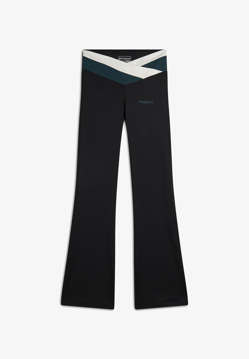 Pantaloni neri a zampa d'elefante con una vita alta caratterizzata da un motivo a zigzag in tonalità turchese e bianco. Realizzati in un tessuto elastico e leggero.
