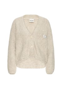Beige, fuzzy knit cardigan with V-neck, three front buttons, long sleeves, and a small white patch label on the chest.