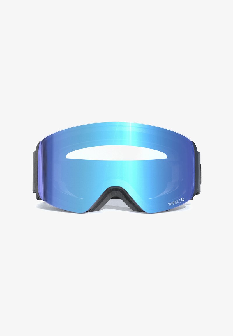 Lunettes de ski avec une grande lentille bleue incurvée et miroir, monture noire et sangle réglable pour un ajustement sécurisé. Catégorie S3 pour la protection solaire.