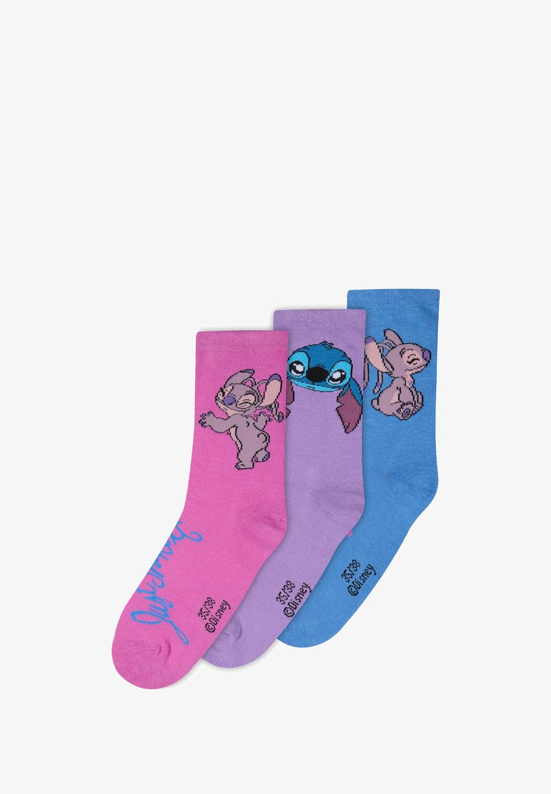 Trzy pary kolorowych skarpetek: różowych, fioletowych i niebieskich, z postaciami z bajek. Wykonane z miękkiego materiału z dokładnie wydrukowanymi wzorami.