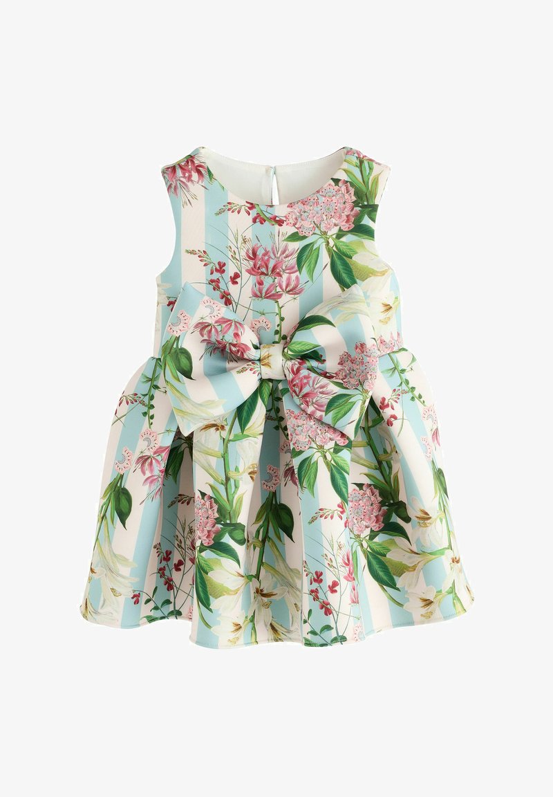 Ærmeløs babykjole med blå og hvide striber, pink og grøn blomstret print og en stor matchende sløjfe i taljen.