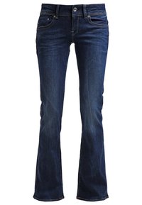 Dark blue denim flared jeans with a classic five-pocket design, featuring subtle fading and contrast stitching along the seams.