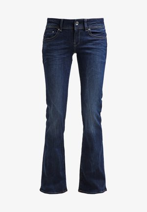 Jeans a palazzo in denim blu scuro con un classico design a cinque tasche, presenta un leggero sbiadimento e cuciture a contrasto lungo le cuciture.
