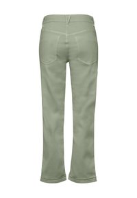 Light green cotton trousers with a relaxed fit, featuring a waistband and two back patch pockets. The hem is slightly flared with rolled cuffs.
