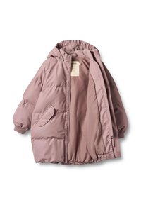 Dunjakke i blød mauve med hætte, elastiske manchetter, forlomme og lynlås. Foret indvendigt med synligt mærke.