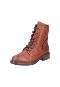 Bottine en cuir marron à lacets à l'avant, fermeture éclair sur le côté, petit talon en bois, et accents texturés à l'arrière. Fini lisse, bout rond.