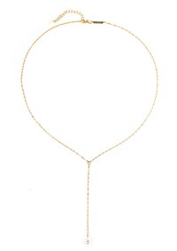 Gouden ketting met een gedraaide ontwerp, met een lange drop en een enkele parelaccent aan het uiteinde. Verstelbare lengte met een sluiting.