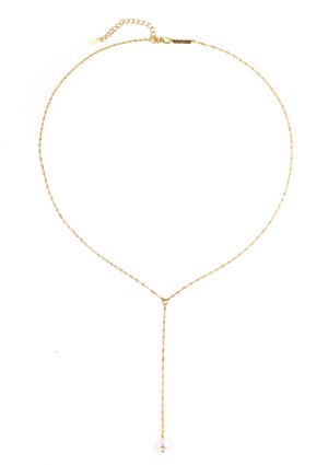 Collier en chaîne dorée avec un design torsadé, doté d'une longue tige et d'une seule perle en accent à l'extrémité. Longueur réglable avec un fermoir.