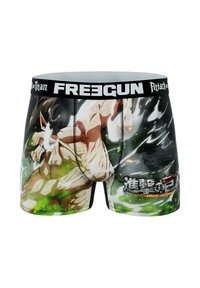 Boxer shorts noirs et verts avec un imprimé graphique "Attack on Titan", dotés d'une ceinture blanche avec logo et d'illustrations détaillées des personnages.