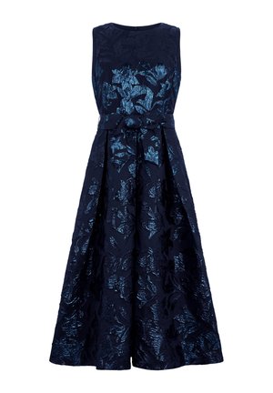 Ärmelloses marineblaues Kleid mit glänzendem Blumenmuster, tailliert mit Schleife und ausgestelltem Midirock.