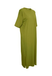 Olivgrön, kortärmad bomullsmaxiklänning med rund halsringning och sidofickor, i en lös passform och med en mjuk textur.