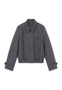 Grijze cropped jas van een getextureerde wolmix, met een kraag, voorrits, zijzakken en knoopmanchetten.