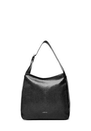 Černá kožená kabelka přes rameno s hadím vzorem, nastavitelným popruhem a logem "LASOCKI" na přední straně.