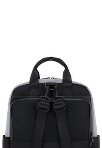 Black and gray backpack with padded shoulder straps, mesh detailing, a top handle, and a zipper pocket at the front. Sturdy design.