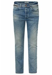 Light blue denim jeans with a slim fit, five pockets, and subtle fading. Features a zip fly and a small brown button at the waist.