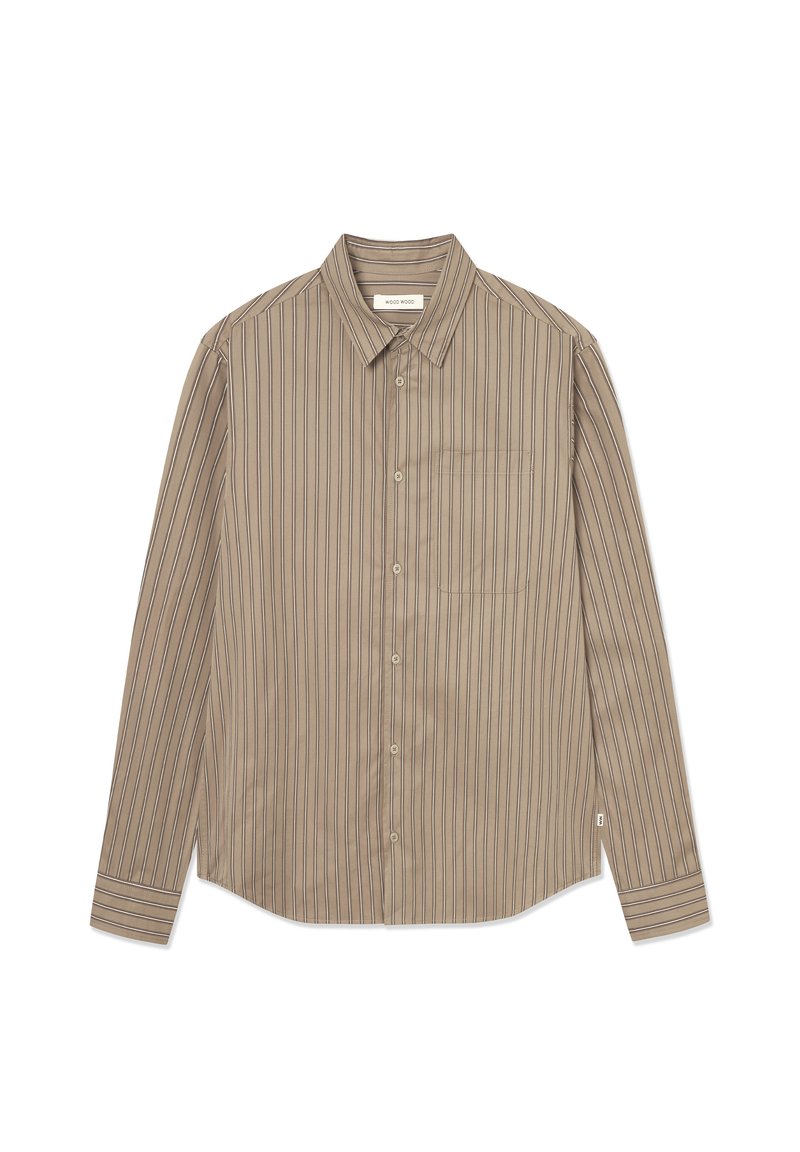 Camicia button-up a maniche lunghe color beige con righe verticali. Presenta un colletto classico, una tasca sul petto e un orlo curvo.