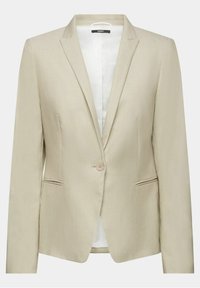 Blazer beige à un bouton avec revers crantés, deux poches avant passepoilées et une doublure intérieure lisse.