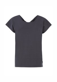 Dunkelgraues Baumwoll-T-Shirt mit kurzen Ärmeln, weitem Ausschnitt und einem einfachen, minimalistischen Design. Glatte Textur und keine sichtbaren Muster.