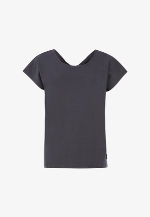 Tmavošedé bavlnené tričko s krátkymi rukávmi, širokým výstrihom a jednoduchým, minimalistickým dizajnom. Hladká textúra bez viditeľných vzorov.