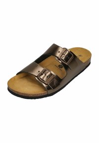 Bronze slide sandal with two adjustable straps and buckles. Cork footbed and textured rubber sole. Smooth upper material.