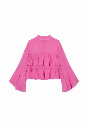 Roze ruffle top van lichtgewicht stof, met een hoge halslijn, lange klokmouwen en twee lagen ruffles aan de voorkant.