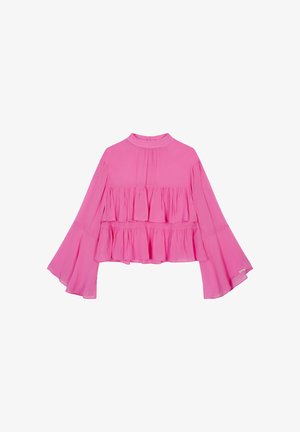 Roze ruffle top van lichtgewicht stof, met een hoge halslijn, lange klokmouwen en twee lagen ruffles aan de voorkant.