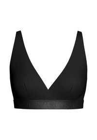 Black bralette featuring a deep V-neckline, seamless design, and a textured support band with logo detailing. Smooth, stretchy fabric.