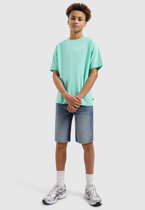 Jugendlicher Junge steht mit verschränkten Händen, trägt ein mintgrünes T-Shirt, Jeansshorts, weiße Socken und silberne Sneakers vor einem einfarbigen Hintergrund.
