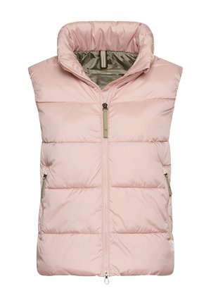Lichtroze mouwloze puffer vest met een hoge kraag, ritssluiting aan de voorkant en zijzakken. Gladde textuur met gestikte horizontale panelen.