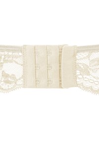 Ghetta in pizzo beige con un intricato motivo floreale, caratterizzata da un nastro di raso e chiusure a uncino. Texture morbida con una finitura delicata.