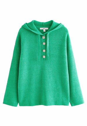 Groene gebreide hoodie met geribbelde textuur, sluiting met knopen aan de voorkant met vier bloemvormige accenten, en lange mouwen met een ontspannen pasvorm.